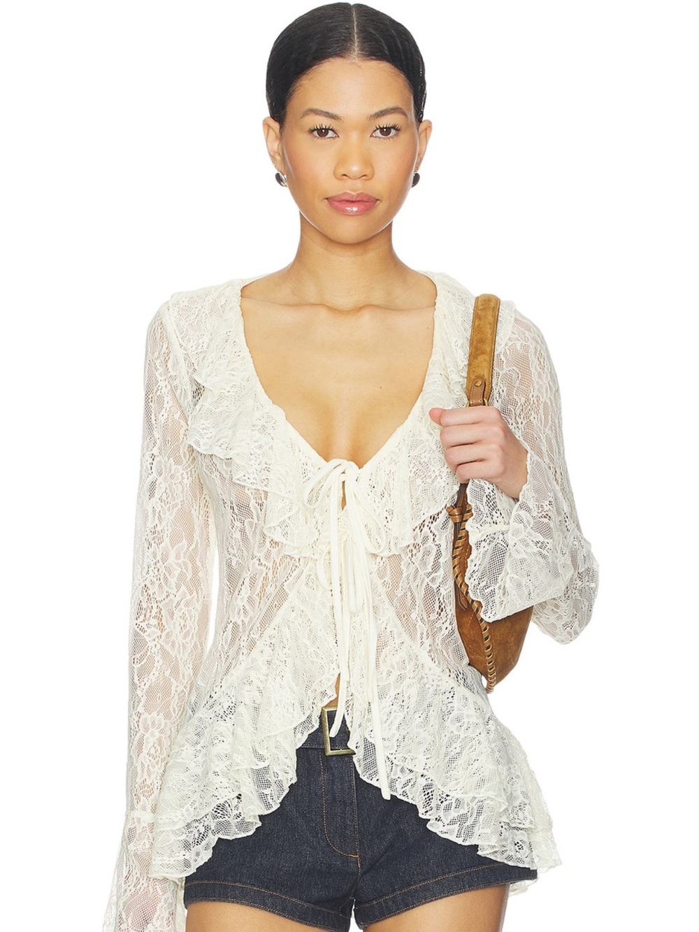MORE TO COME Alisia Top in Cream Lace Ruffle Tie-Front Blouse